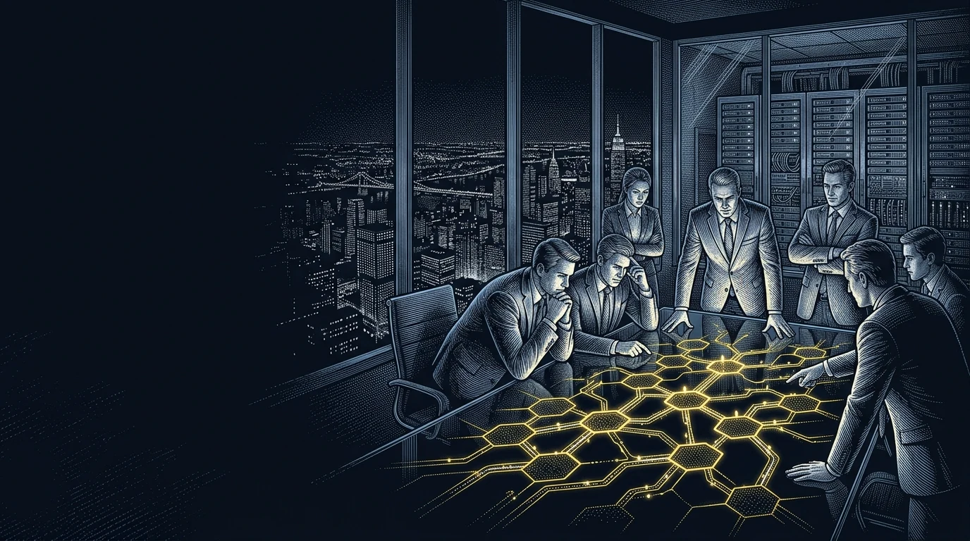 An engraving in steel blue: executives in dark suits around a glass table in a skyscraper boardroom at night, a glowing hexagonal network on the table, server racks behind a glass wall and the city below.
