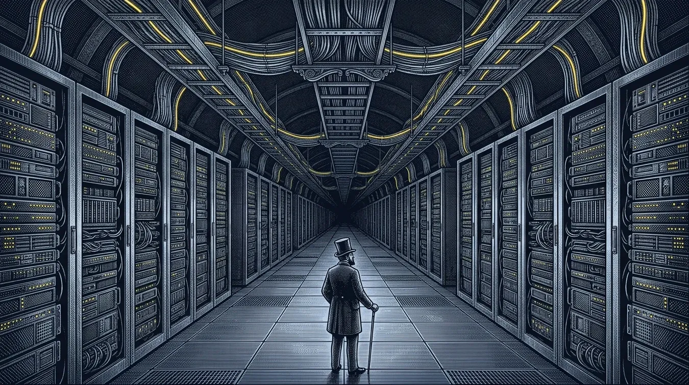 An engraving in steel blue: a robber baron in a top hat and frock coat stands in the aisle of a vast data centre, server racks stretching away under iron cable trays lit in yellow.
