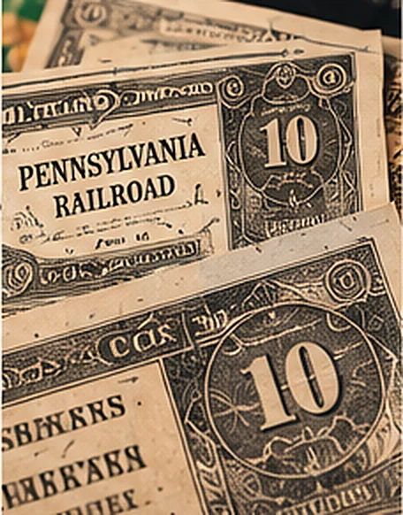 Share certificates of a railroad company, stacked.