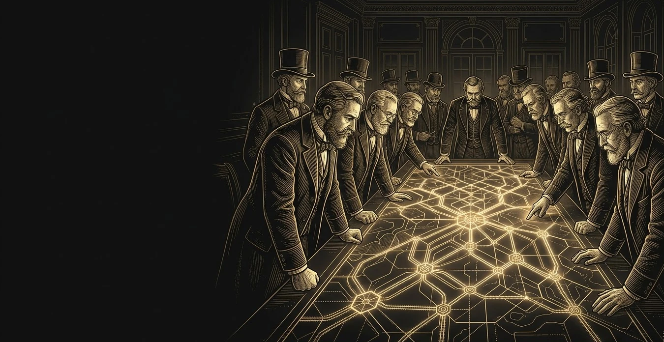 A gold line drawing of railroad financiers in top hats and frock coats leaning over a boardroom table, a glowing network of hexagons and routes on the map between them.