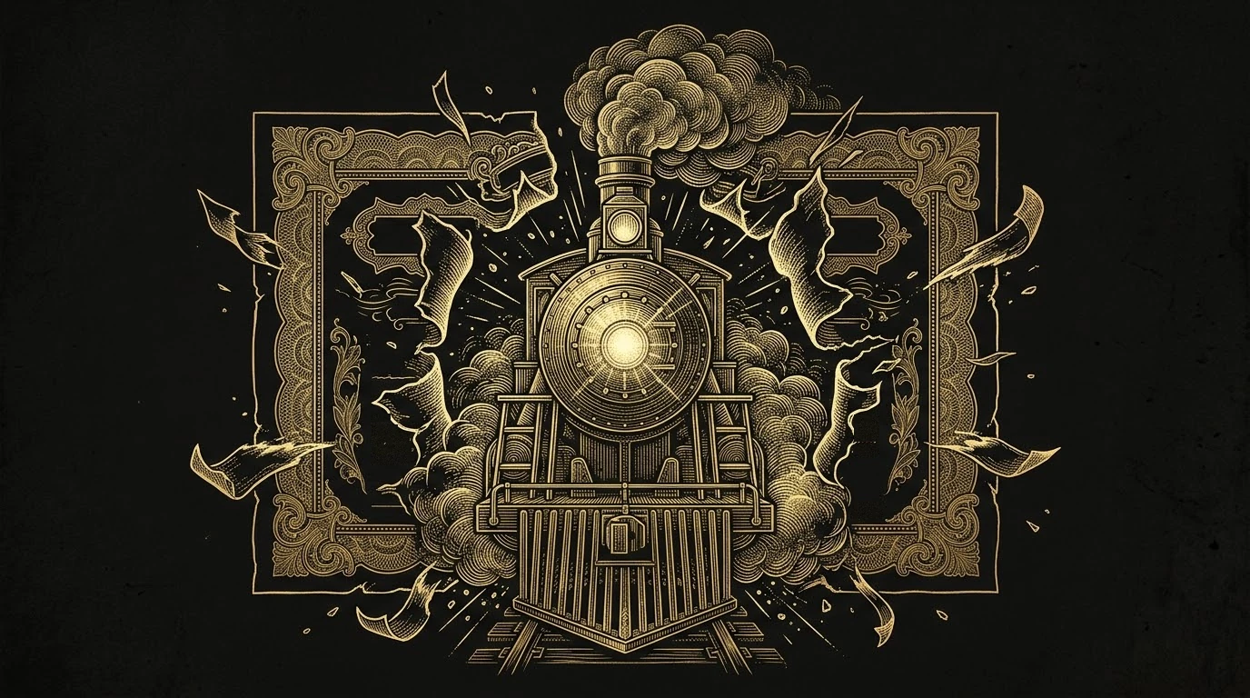 A gold line drawing of a steam locomotive bursting head-on through a torn share certificate, its headlight blazing and paper fragments flying.